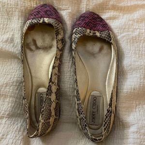 Worn Jimmy Choo ballet shoe. Neutral snake skin with Gus his tip accent.